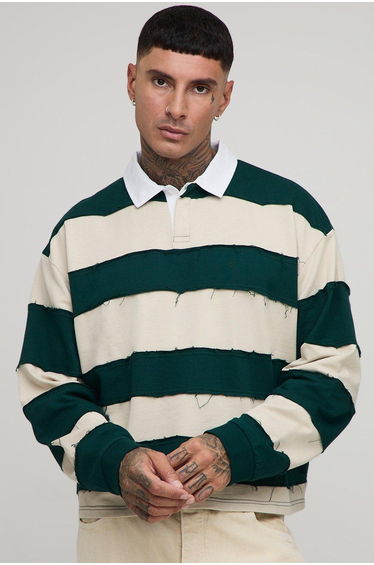 Tall Oversized Boxy Distressed Long Sleeve Rugby Polo - forest