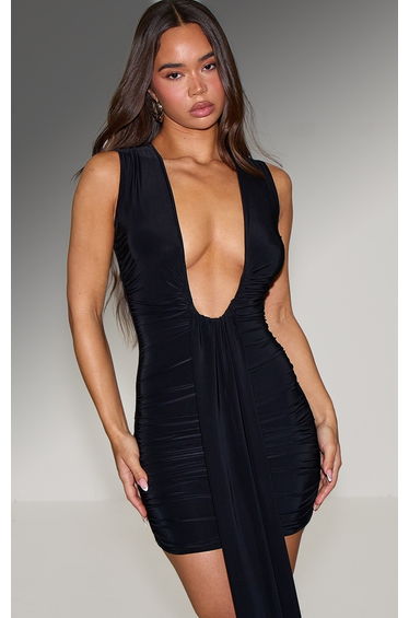 Black Plunge Ruched Mini Dress