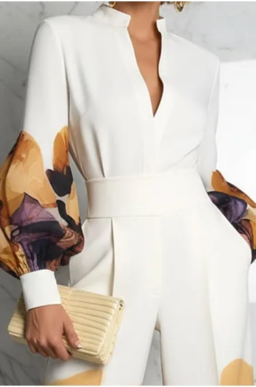 Long Sleeves Puff Sleeves Abstract Printed Contrast Color Split-Joint Stand Collar Blouses&Shirts Tops