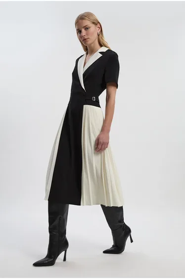 Tailored Crepe Pleated Midi Shirt Dress