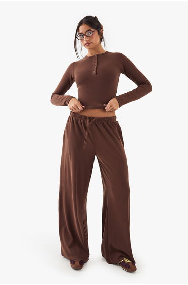 DSGN Studio Embroidered Rib Wide Leg Trouser - chocolate