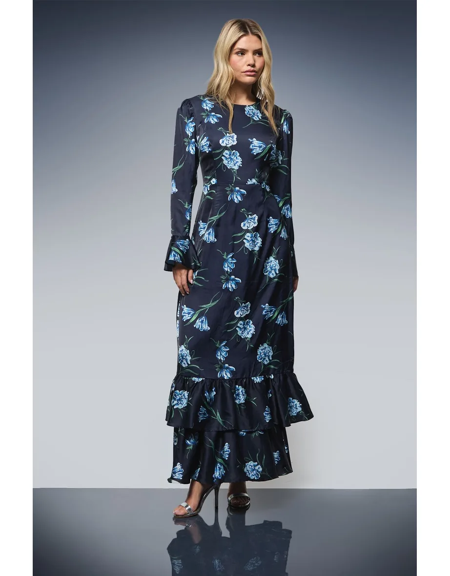DP Luxe Printed Satin Double Frill Hem Maxi Dress Dorothy Perkins