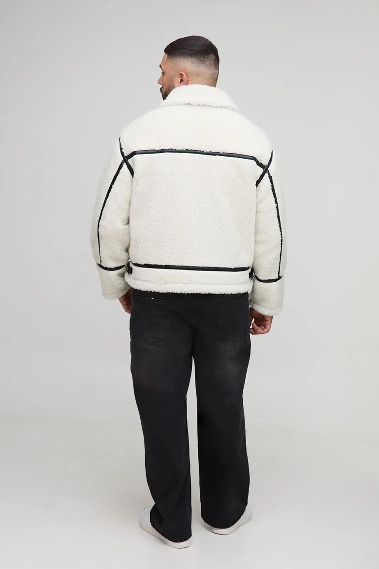 Plus Boxy Oversized PU Trim Borg Aviator Jacket - ecru - 1