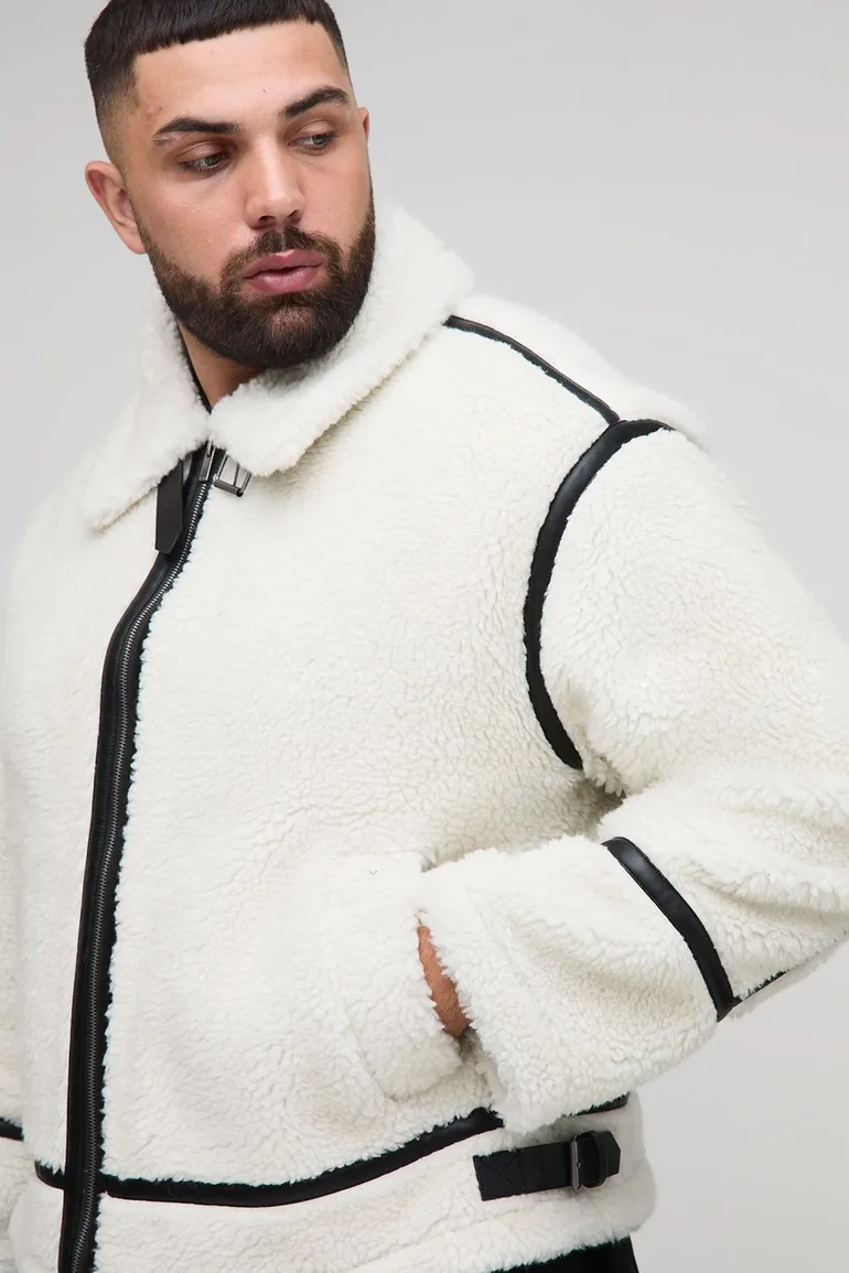 Plus Boxy Oversized PU Trim Borg Aviator Jacket - ecru - 2