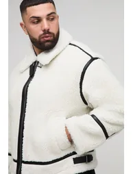 Plus Boxy Oversized PU Trim Borg Aviator Jacket - ecru - 2