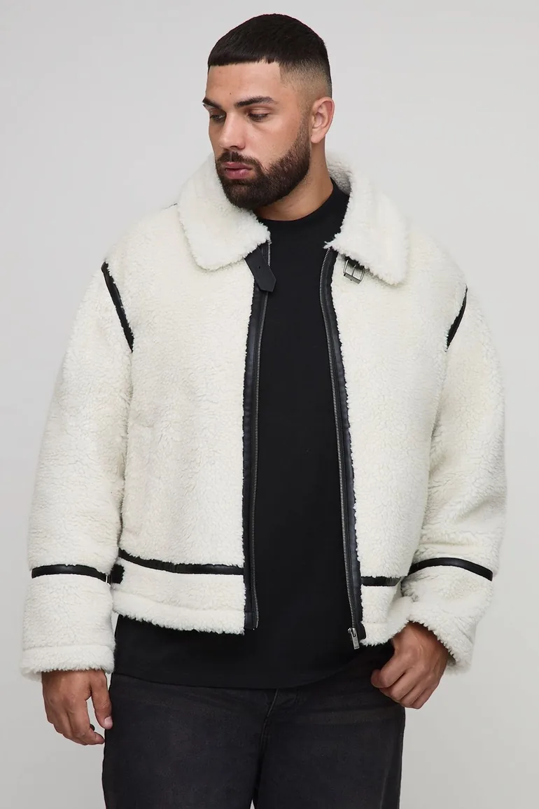 Plus Boxy Oversized PU Trim Borg Aviator Jacket - ecru