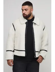 Plus Boxy Oversized PU Trim Borg Aviator Jacket - ecru