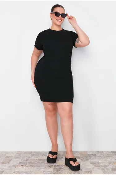 Black Fitted Mini Crew Neck Ribbed Flexible Dress