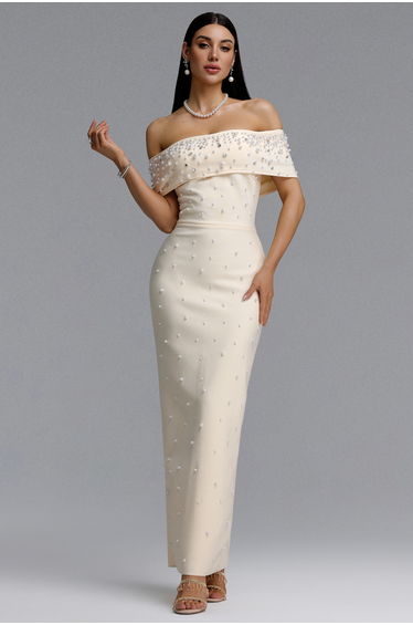 Isme Elegant Contour Off Shoulder Pearl Rhinestone Bandage Light Beige Maxi Dress