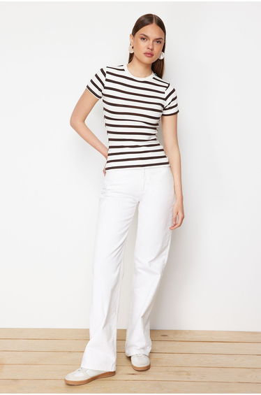 Brown Striped Viscose/Soft Fabric Fitted Knitted Blouse