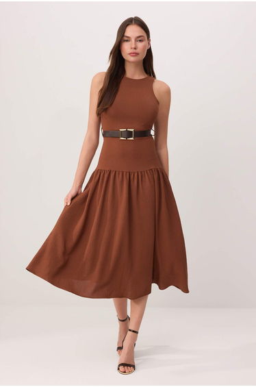 Brown Belt Pack Sleeveless Maxi Woven Dress