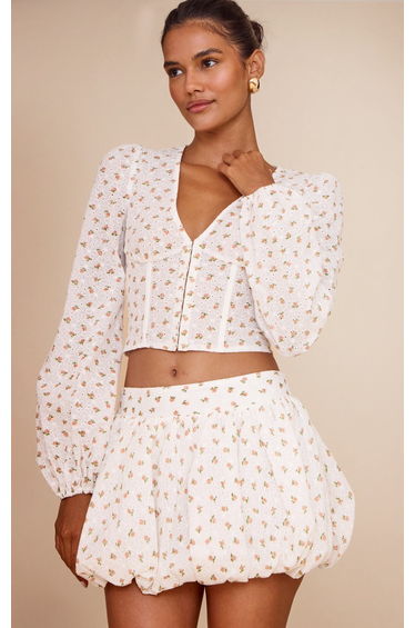 White Rose Ditsy Print Puffball Skirt