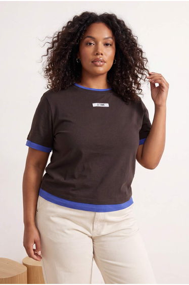 Brown Collar Sleeve and Hem Detail Labelled Knitted Plus Size Basic Blouse
