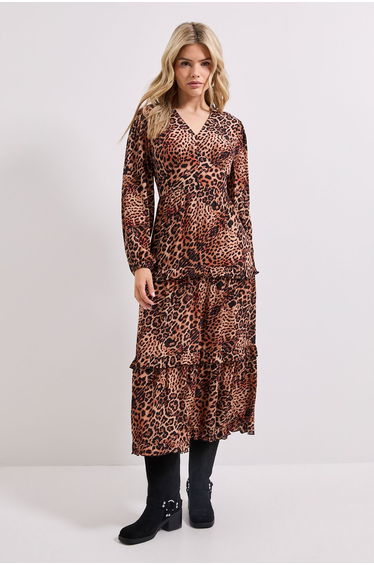 Button Through Blouson Sleeve Tiered Frill Midi Dress