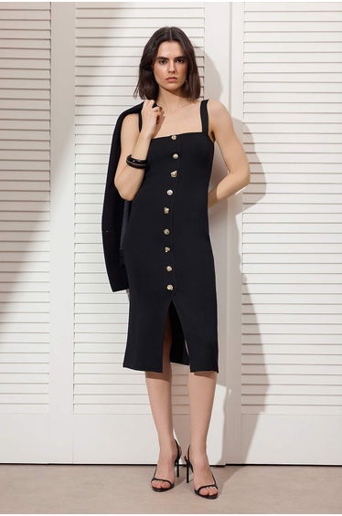 Black Plain Midi Square Neck Midi Bodycon Jewel Button Knitwear Dress