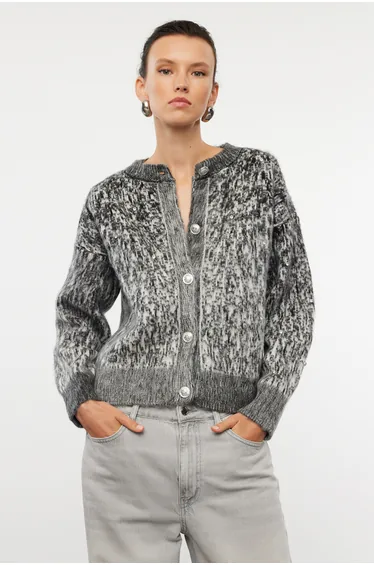 Anthracite Soft Textured Patterned Jacket Look Knitted Cardigan