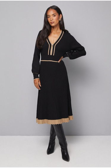 Zip Front Pleated Knitted Midi Dress