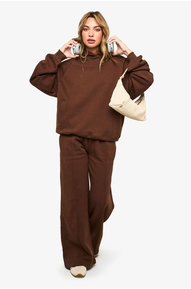 Petite Pintuck Detail Deep Waistband Wide Leg Jogger - chocolate