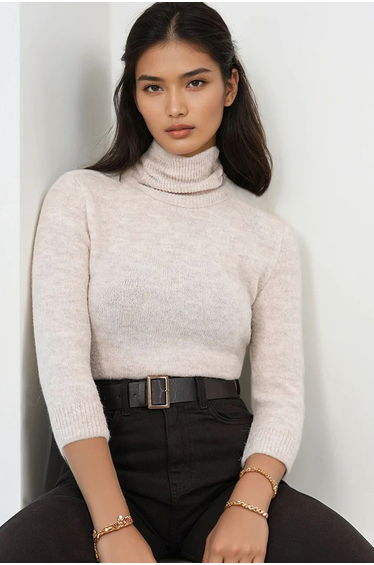 Beige Turtleneck Wool Blend Sweater