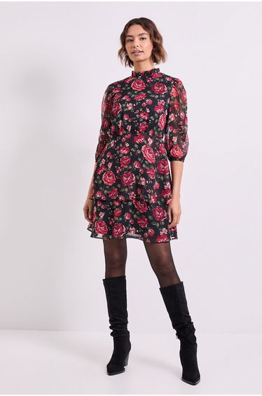 Floral Frill Neck Tiered Skirt Printed Mini Dress