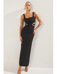 Black Accessory Detail Woven Long Elegant Evening Dress - 1