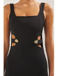 Black Accessory Detail Woven Long Elegant Evening Dress - 3