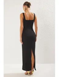 Black Accessory Detail Woven Long Elegant Evening Dress - 4