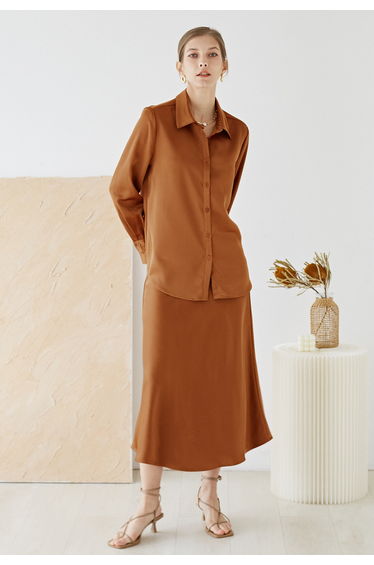 Satin Finish Button Up Shirt in Caramel