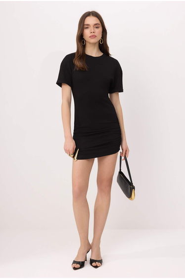 Black Bodycon Short Sleeve Accessory Detail Mini Soft Touch Knitted Dress