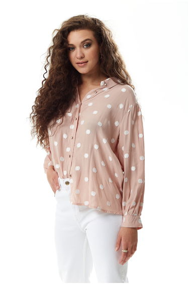 Women's Long Sleeve Nude Polka Dot Button-Up Shirt