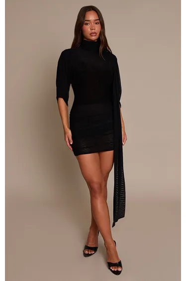 Black Ruched Wrap Bodycon Mini Dress