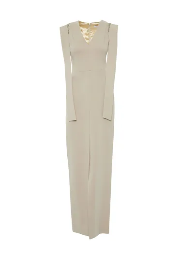 Long Beige Dress with Shoulder Embroidery and Front Slit
