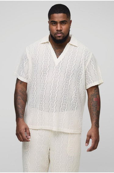 Plus Zig Zag Crochet Rugby Shirt - ecru