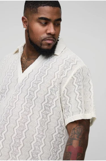 Plus Zig Zag Crochet Rugby Shirt - ecru