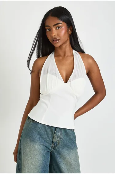 Mesh Halterneck Bengaline Top - white
