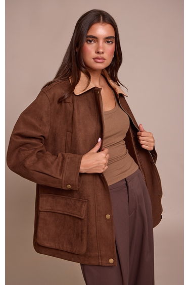 Chocolate Oversized Pocket Detail Contrast Collar Jacket