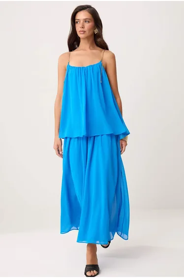 Blue Chain Detail Straps Chiffon Lined Maxi Woven Dress