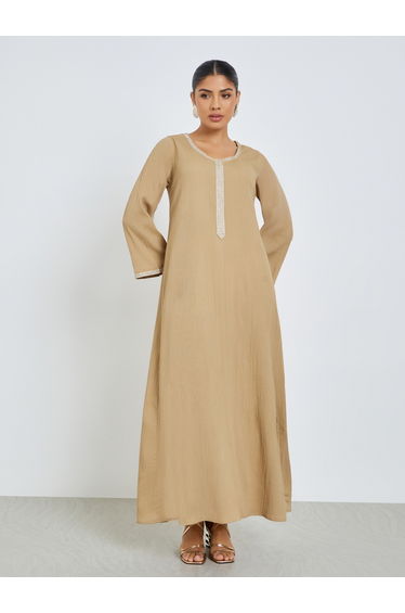 Beige Lace Panel Textured Jalabiya