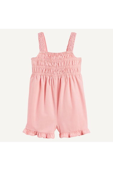 Strappy Smocked Ruffled MacramÃ© Detail Short Dungarees