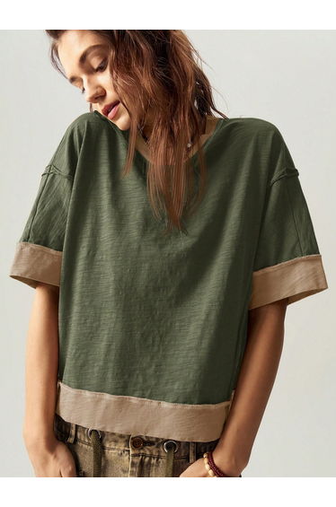 Green Contrast Trim 100% Cotton Drop Shoulder T-Shirt