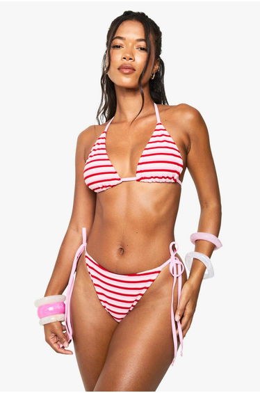 Stripe Towelling Triangle Bikini Top & Tie Side Bikini Bottoms Set - pink