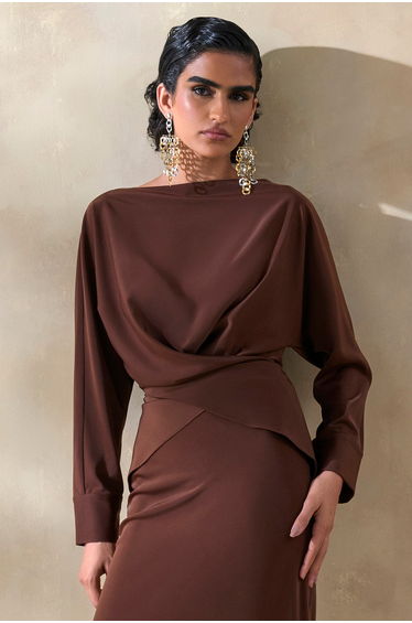 Miravia | Brown Satin Wide-Neck Long-Sleeve Top