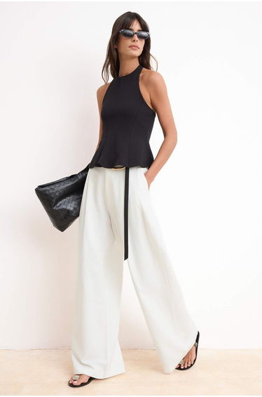 Black Fitted/Bodycon Halter Neck Sleeveless Interlock Knitted Blouse