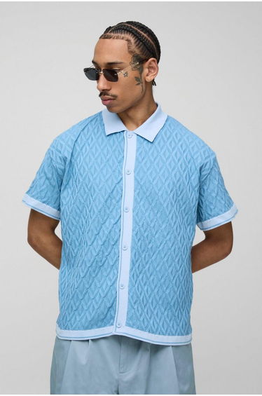 Relaxed Fit Textured Jacquard Knitted Shirt - light blue