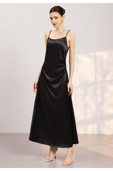 Sheer Organza Lace-Up Back Satin Twinset Dress in Black