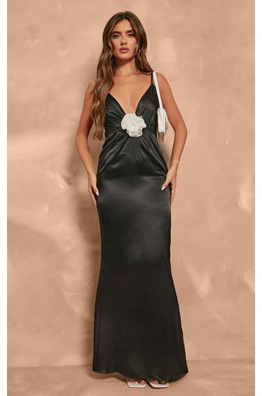 Black Satin Rose Detail Maxi Dress