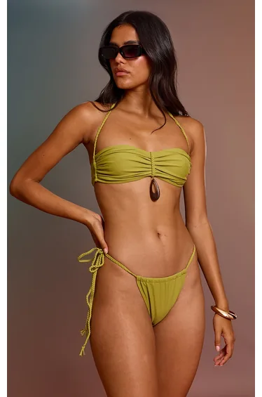 Olive Plaited Tanga Thong Bikini Bottoms