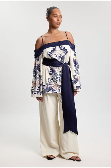 Plus Size Scarf Print Belted Woven Bardot Top