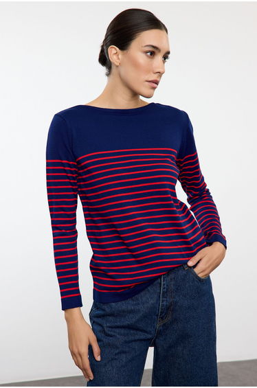 Dark Navy Blue Basic Striped Knitted Sweater