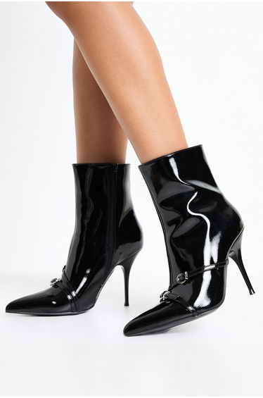Patent Buckle Detail Stiletto Ankle Boots - black